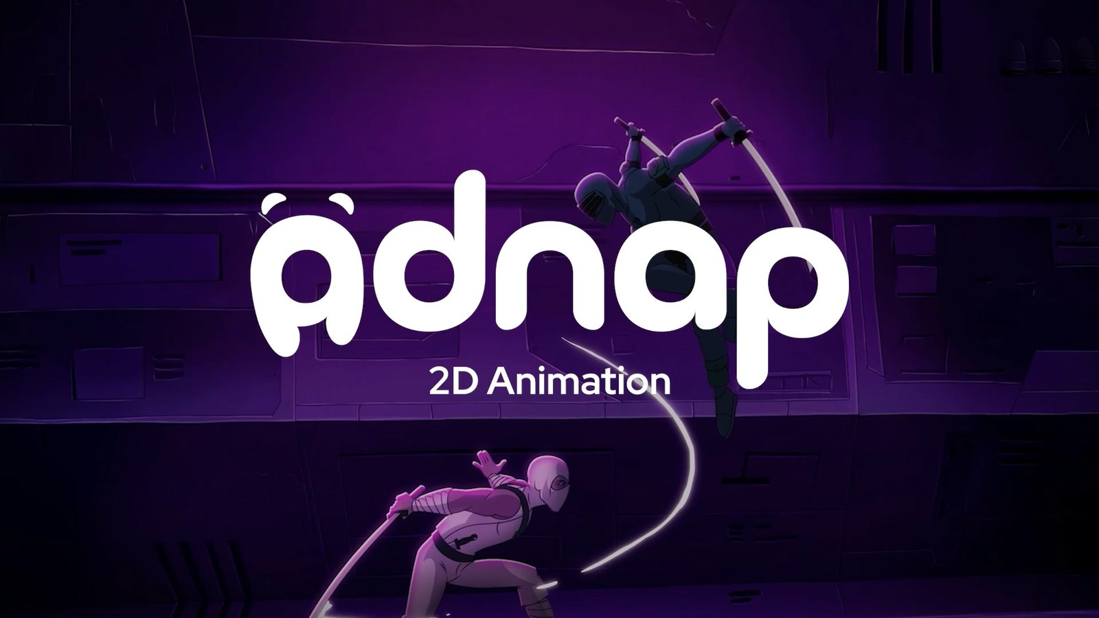 ADNAP 2D Animation reel title card — two sword-wielding ninja characters in a purple-lit corridor