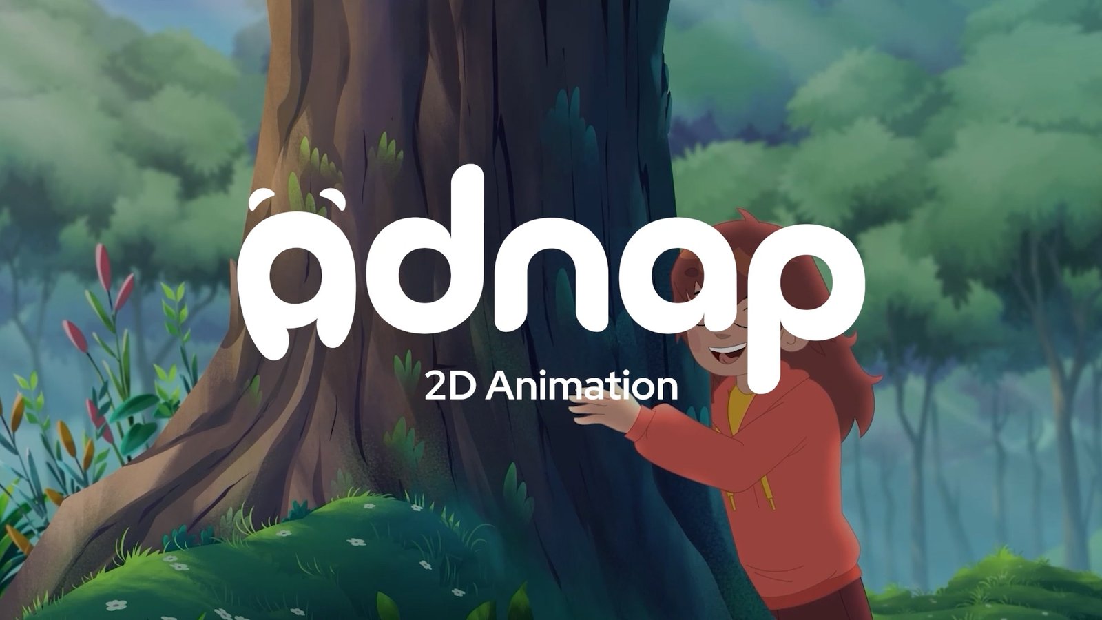 ADNAP 2D Animation reel title card — illustrated girl in a red hoodie hugging a forest tree