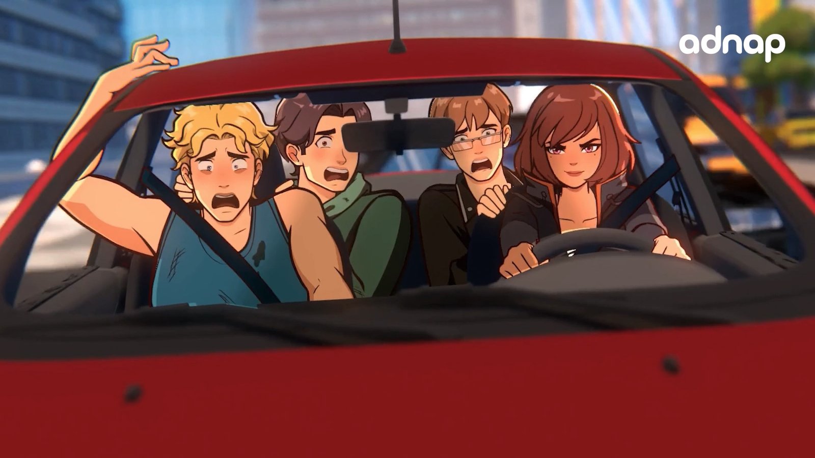 Anime-style scene of four panicked passengers in a red car speeding through a city street