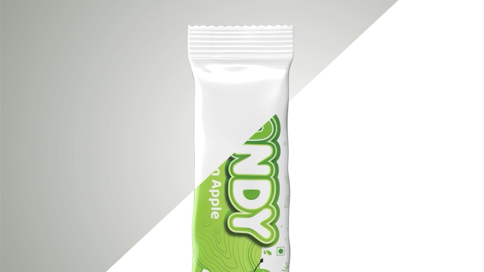 Close-up render of a Scandy green apple ice pop wrapper against a split grey and white background