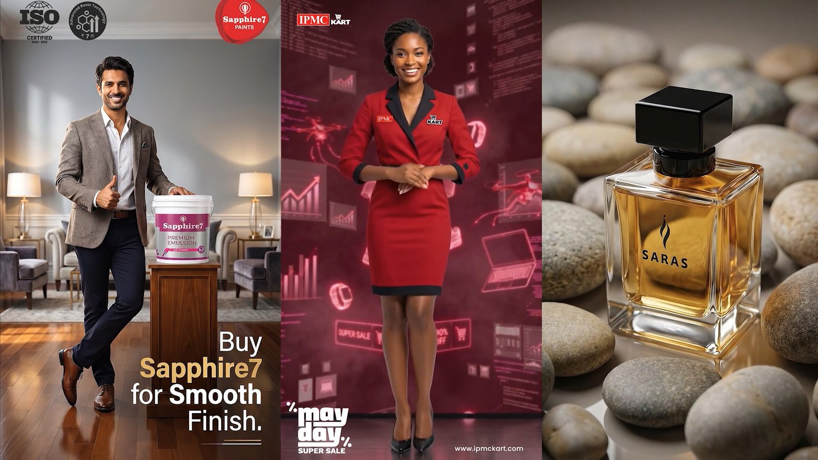AI ad frames — Sapphire7 Paints spokesman in a living room, an IPMC Kart presenter in red uniform, and a square Saras perfume bottle
