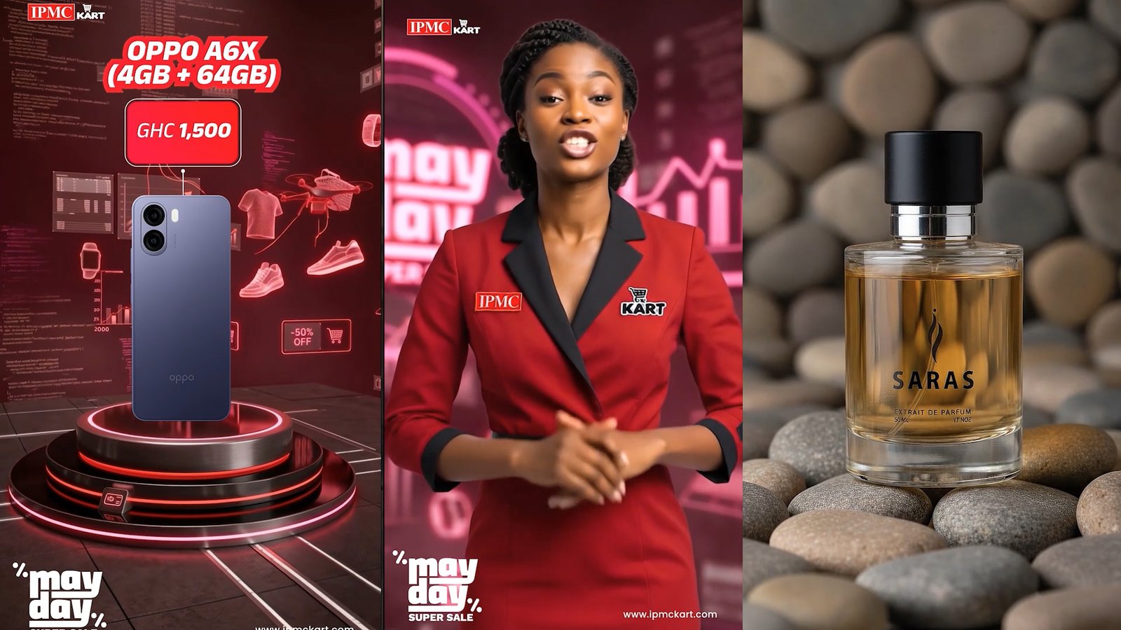 AI ad frames — Oppo A6X offer on a neon podium, an IPMC Kart May Day Super Sale presenter, and a Saras perfume bottle on pebbles