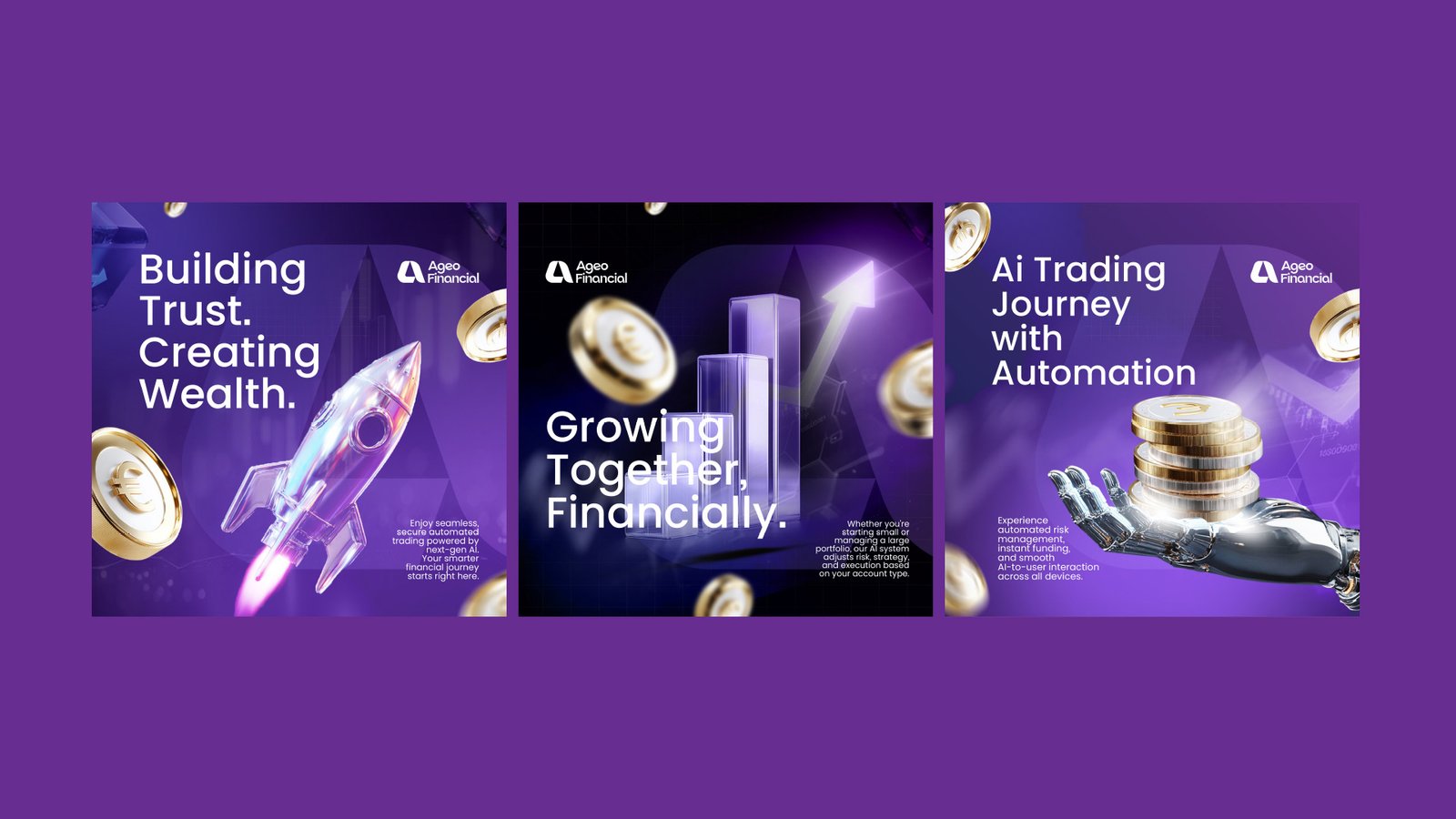 Three Ageo Financial social posts on AI trading and wealth, with 3D rocket, chart, and robotic-hand artwork