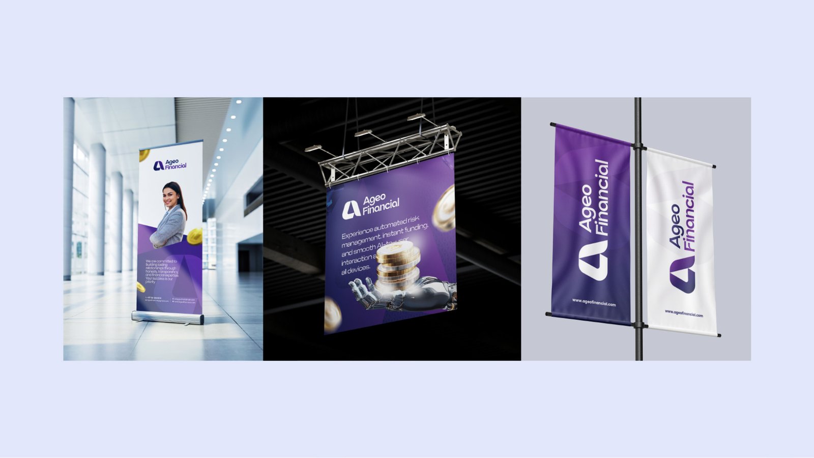 Ageo Financial event branding — roll-up banner, hanging exhibition banner, and pole flags