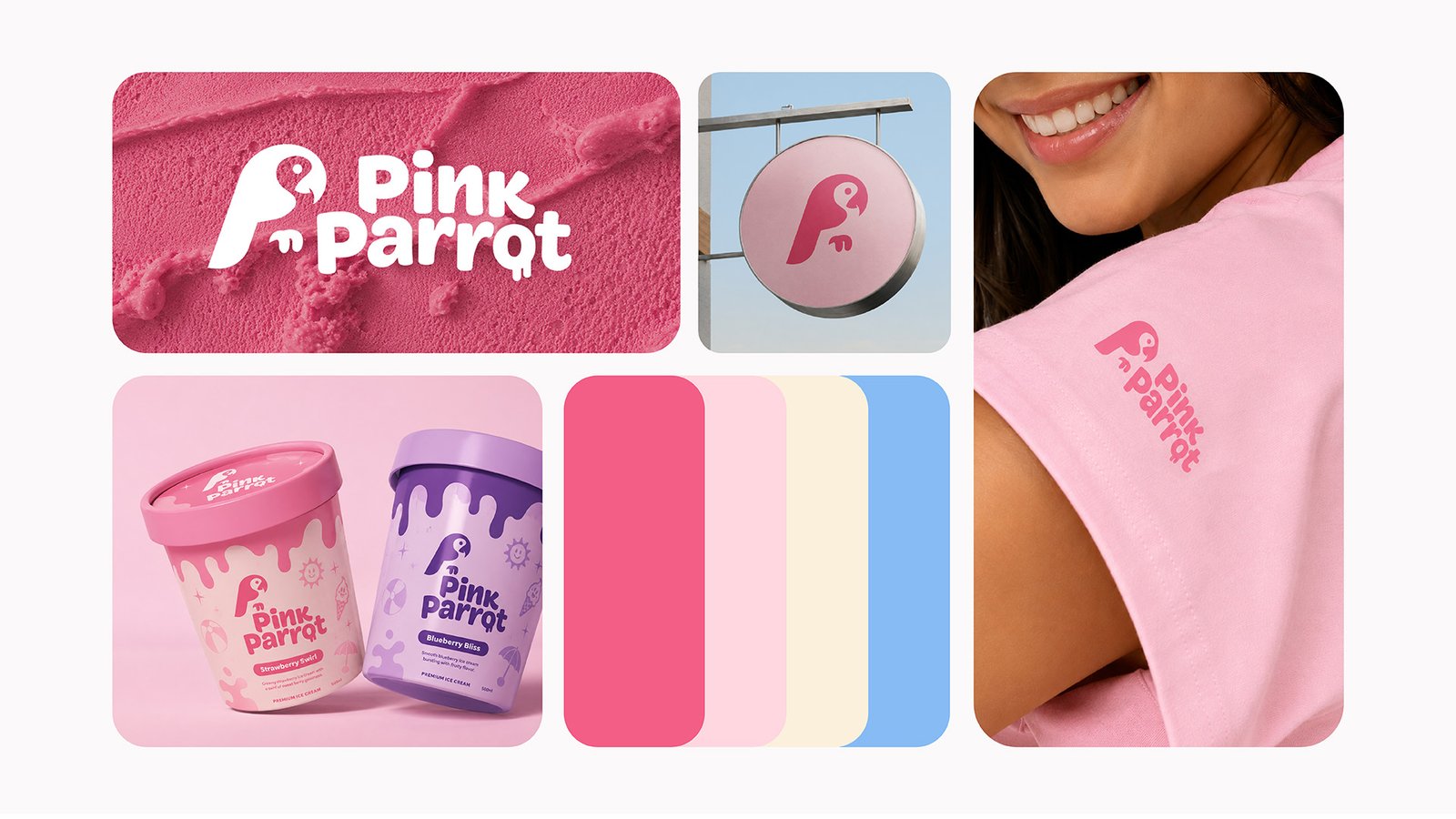 Pink Parrot brand board — ice cream texture, hanging shop sign, tub packaging, colour palette, and branded t-shirt