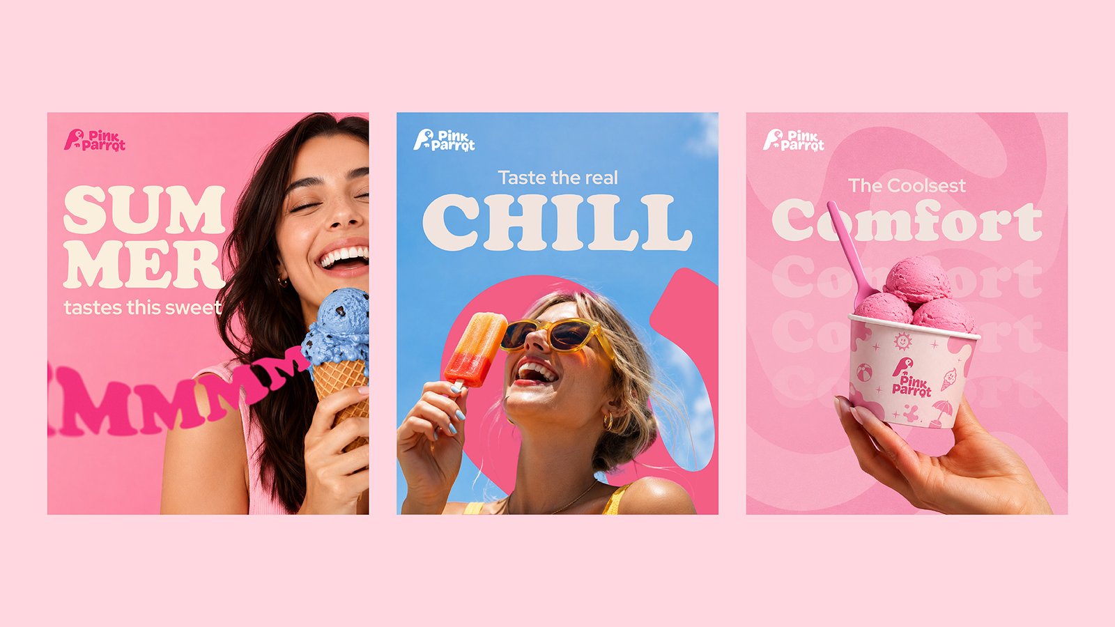Three Pink Parrot campaign posters — "Summer tastes this sweet", "Taste the real Chill", and "The Coolsest Comfort"
