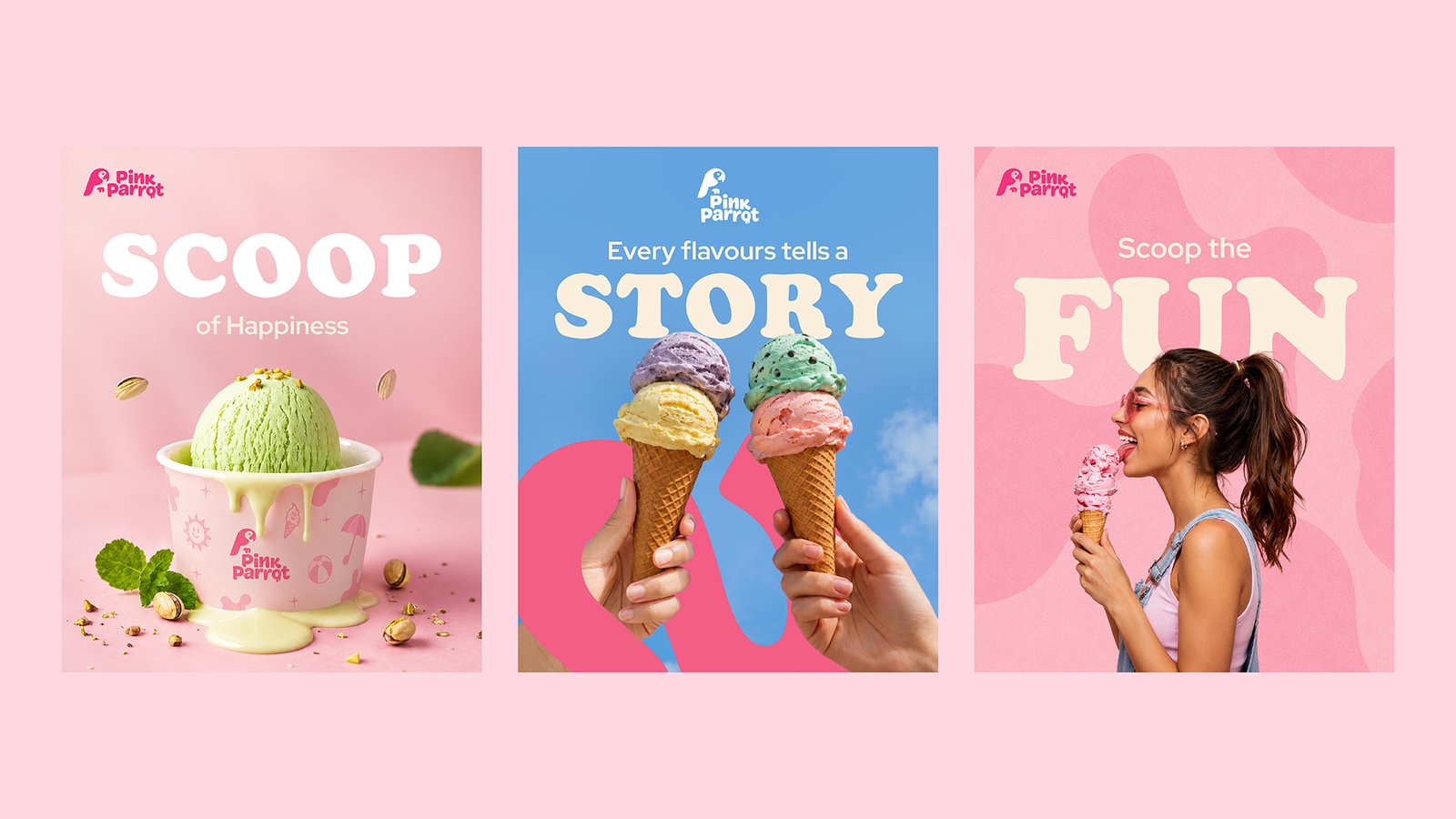 Three more Pink Parrot posters — "Scoop of Happiness", "Every flavours tells a Story", and "Scoop the Fun"