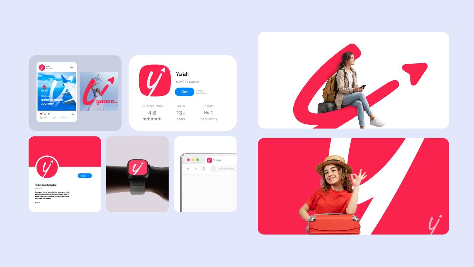 Yarish digital rollout — social posts, App Store listing, smartwatch icon, browser tab, and key visuals