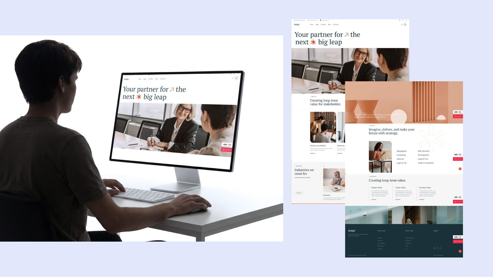 Corporate consultancy website design — "Your partner for the next big leap" homepage shown on a monitor with full-page layouts